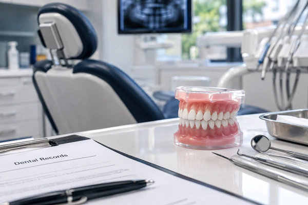 Dental negligence claim consultation with dental records and equipment